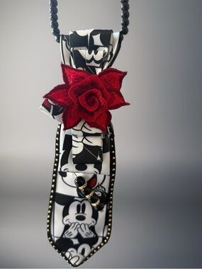 Black & White Cartoon Pendant Necklace with Red Floral Accent